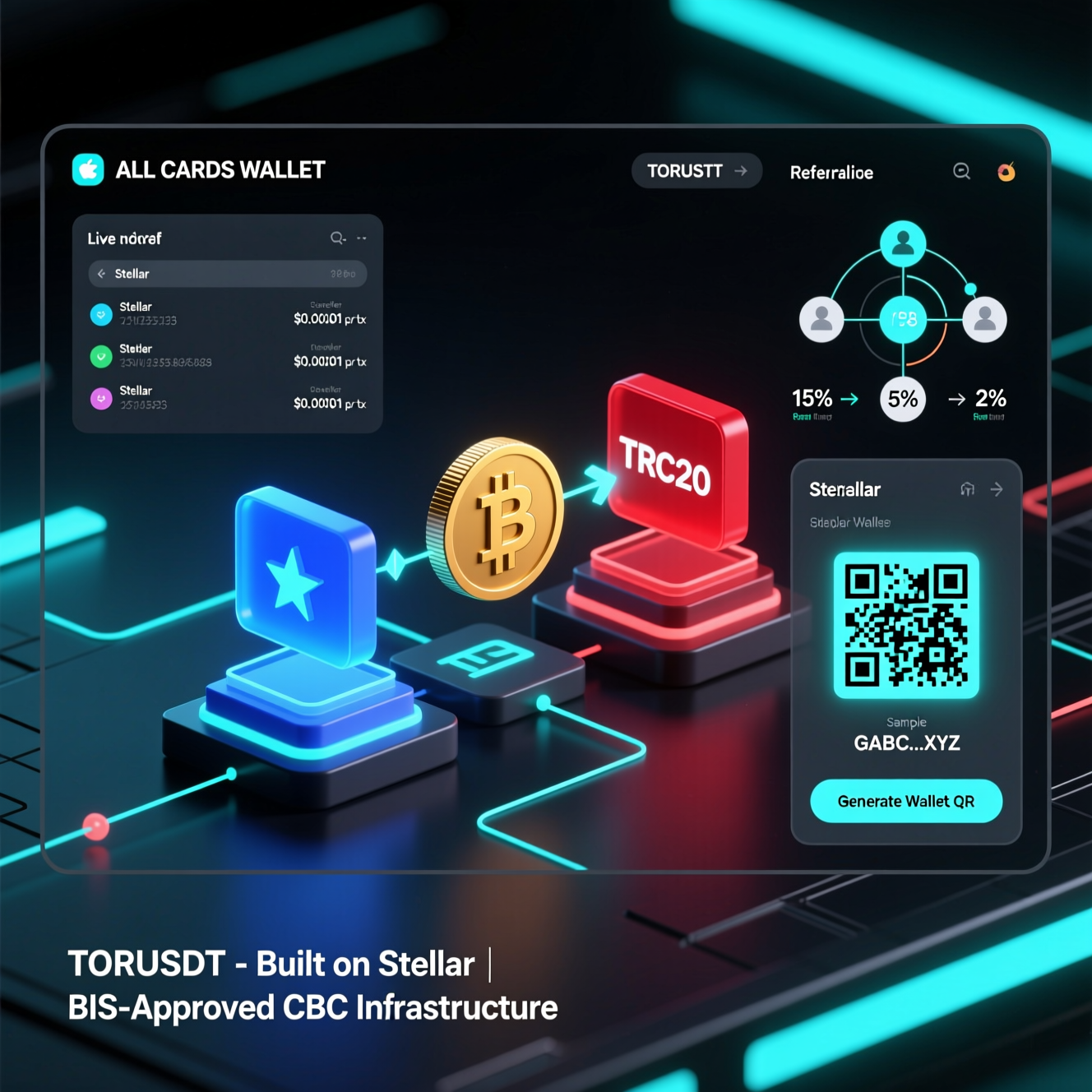 Платформа одновременно работает с TRC20 (USDT) и Stellar (TORNUSDT), обеспечивая совместимость и экономичность. 